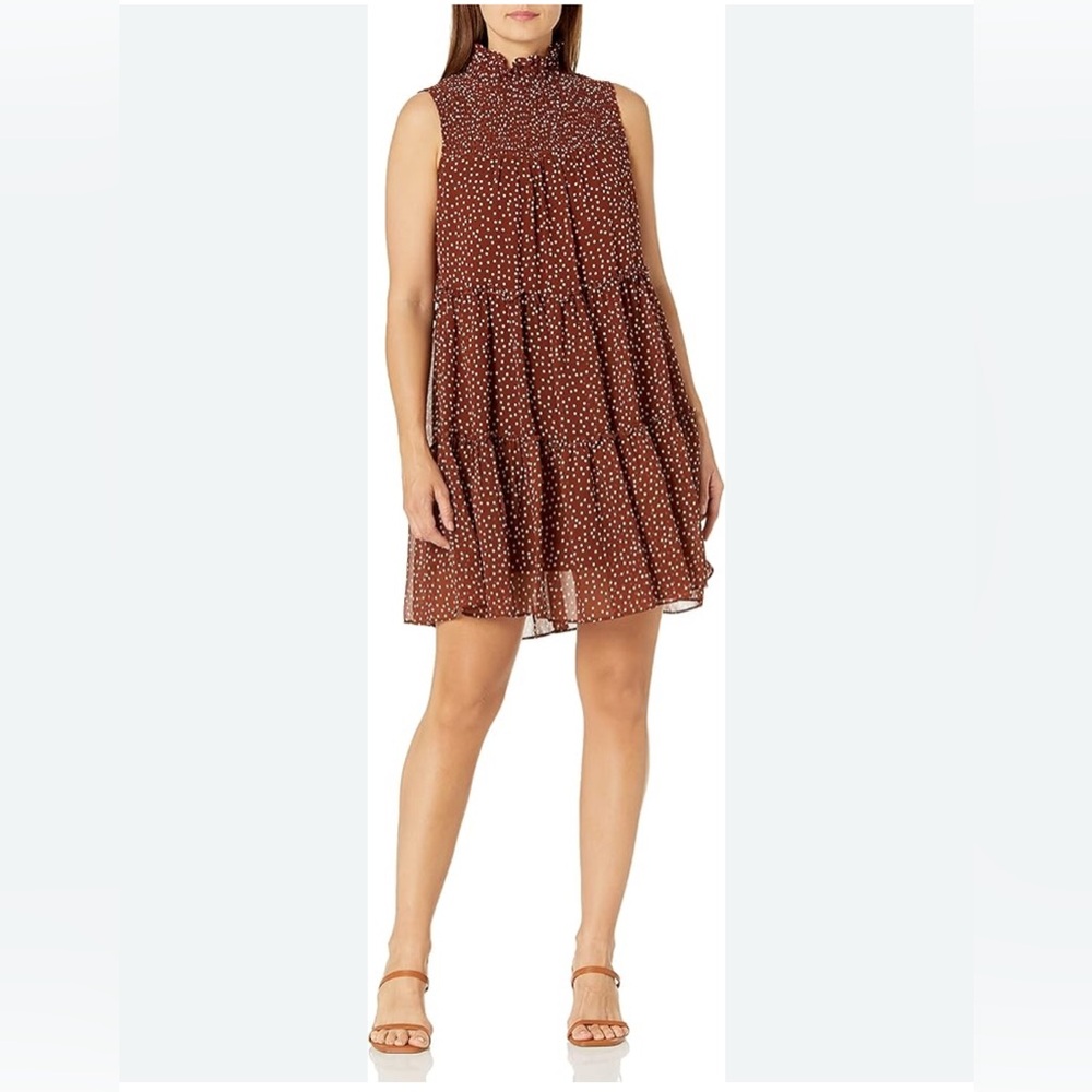 Just Taylors Sleeveless Mock Neck Smocked Polka Dot Dress